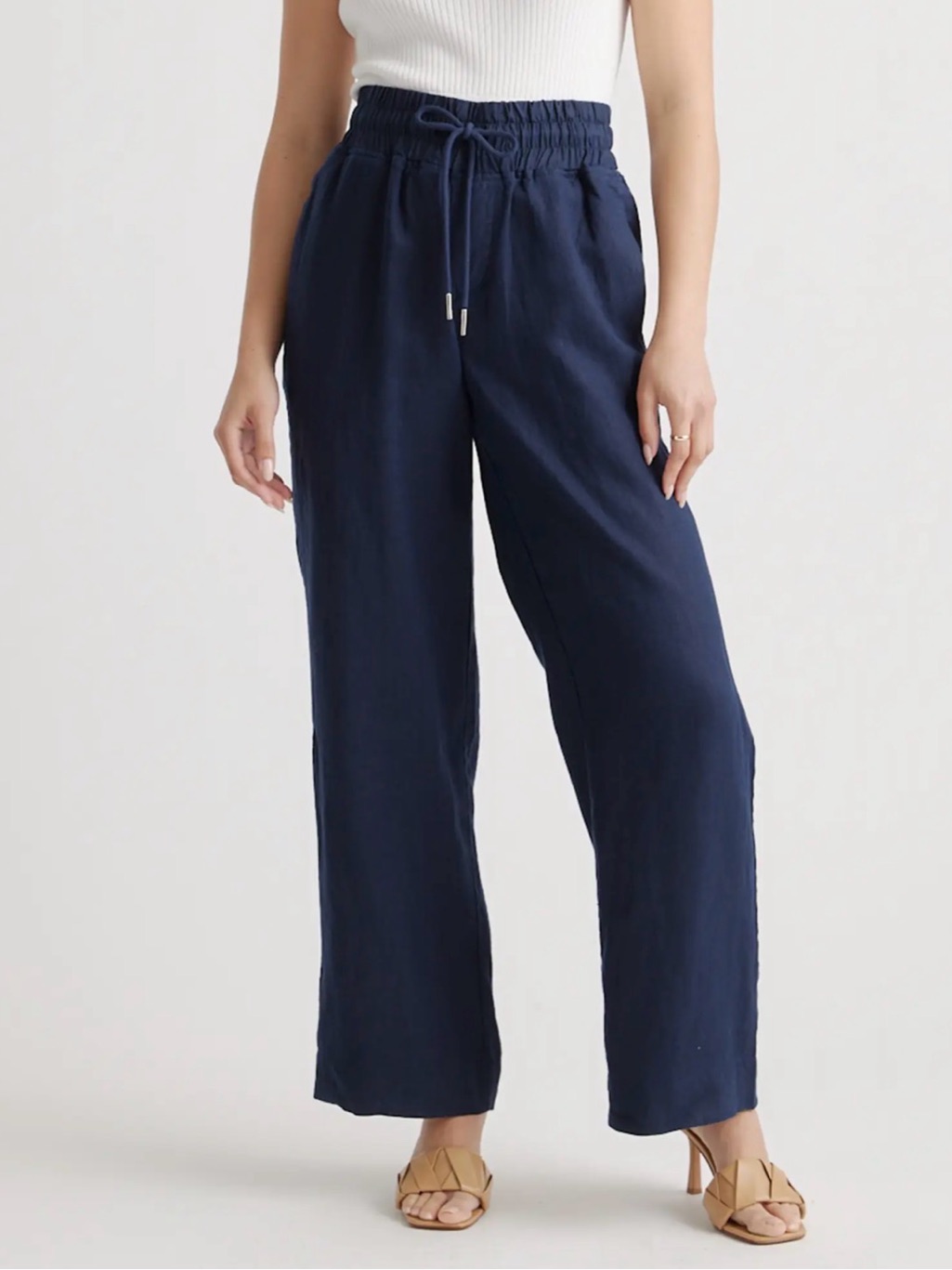 Quince Navy Wide-Leg Drawstring European Linen Pants